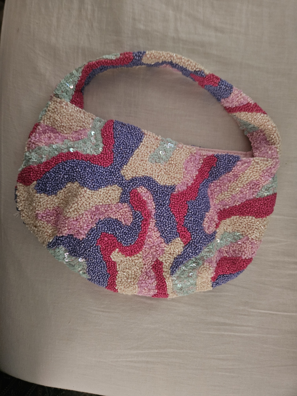 Beaded Multicolor Women's Hobo Bag - Pink, Purple & Cream - Picture 4 of 4